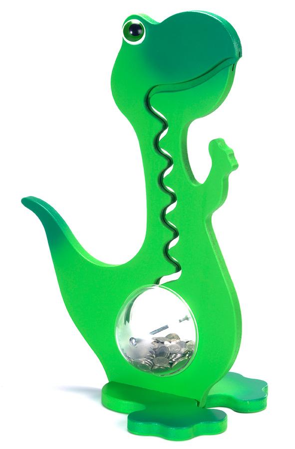 Onlineshop :: Alle BigBellyBank® Spardosen :: Grüne zweifarbige Kugelbahn- Spardose Dino aus Holz mit 60cm Grösse, BigBellyBank - Made in Switzerland!